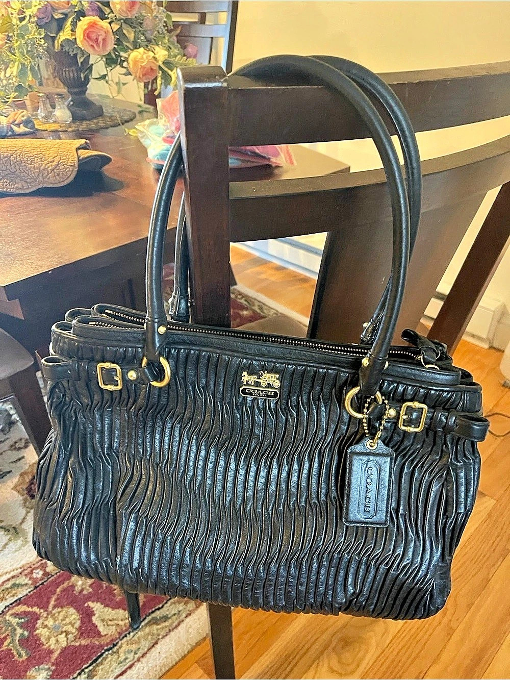 COACH Madison Kara Carryall Black Gathered Leather Satchel Bag